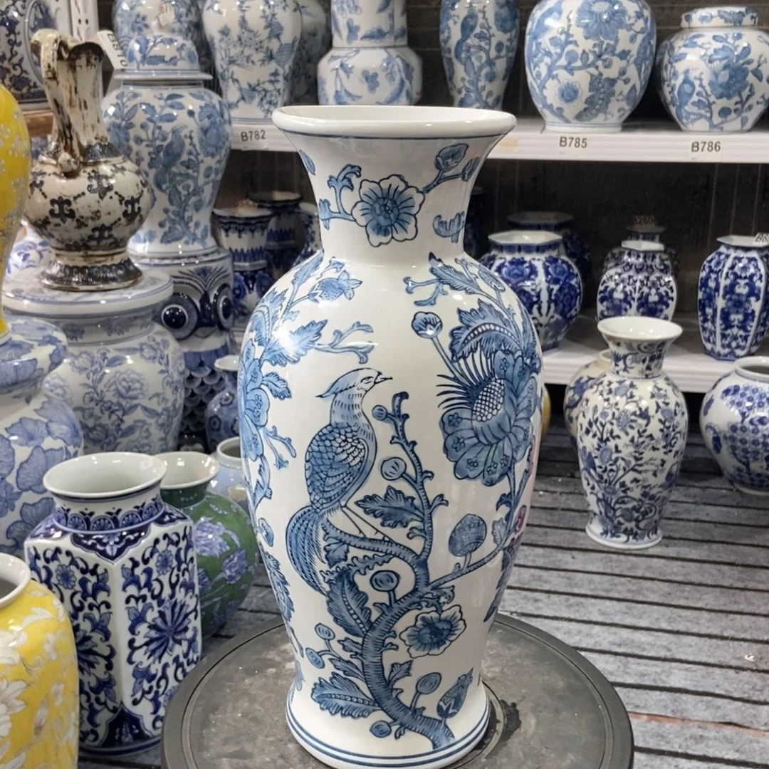 摆件菊*花瓶手绘釉下彩