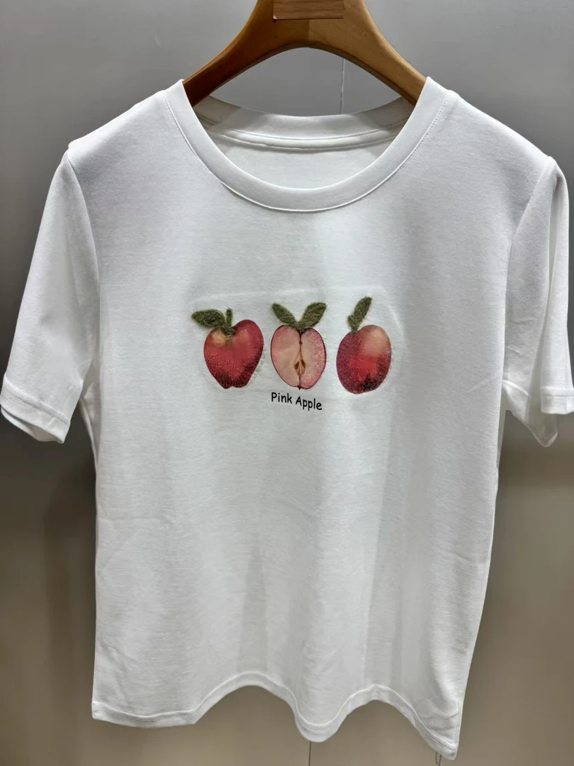 《深圳南油》夏季重工苹果图案白色短袖T恤女款1329