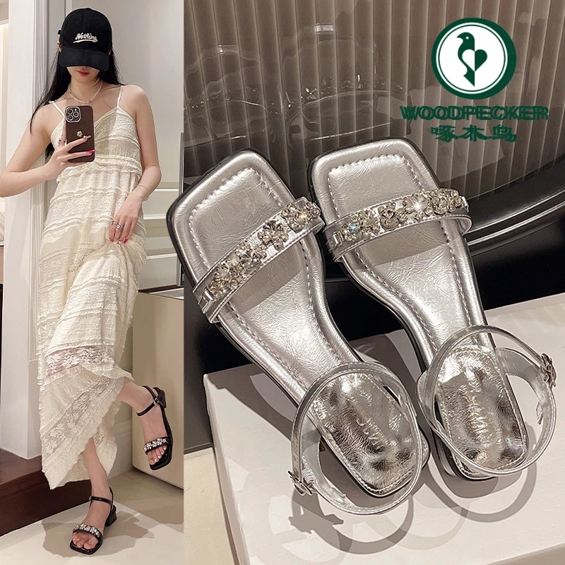 啄木鸟2024年夏季新款网红女黑色配裙子气质罗马凉拖仙女风一字带