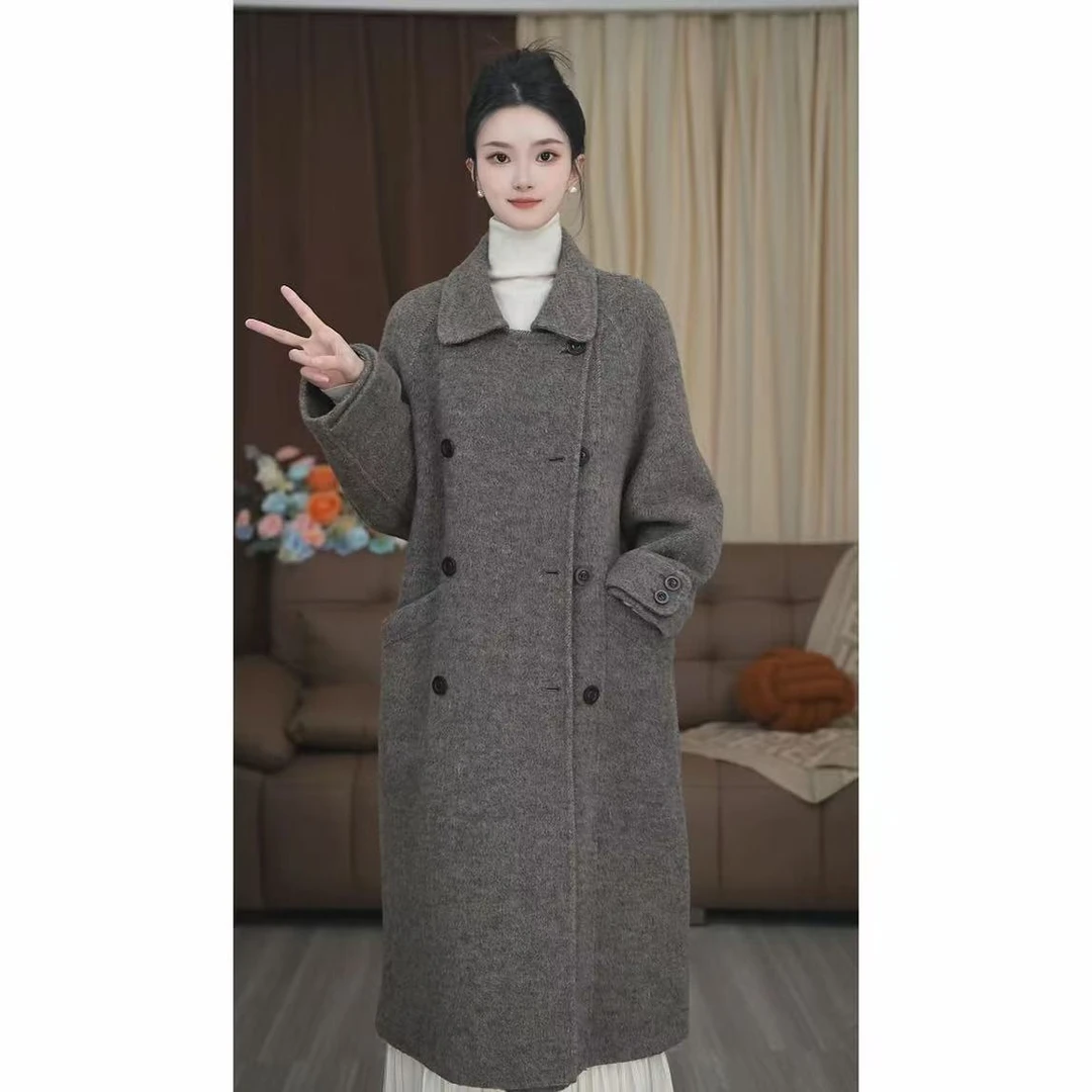 宽松大版娃娃领双排扣挽袖长款小个子韩版羊毛大衣 -542