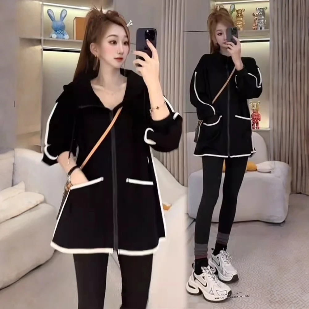 休闲卫衣外套女2025秋冬新款时髦洋气宽松显瘦中长款连帽休闲上衣