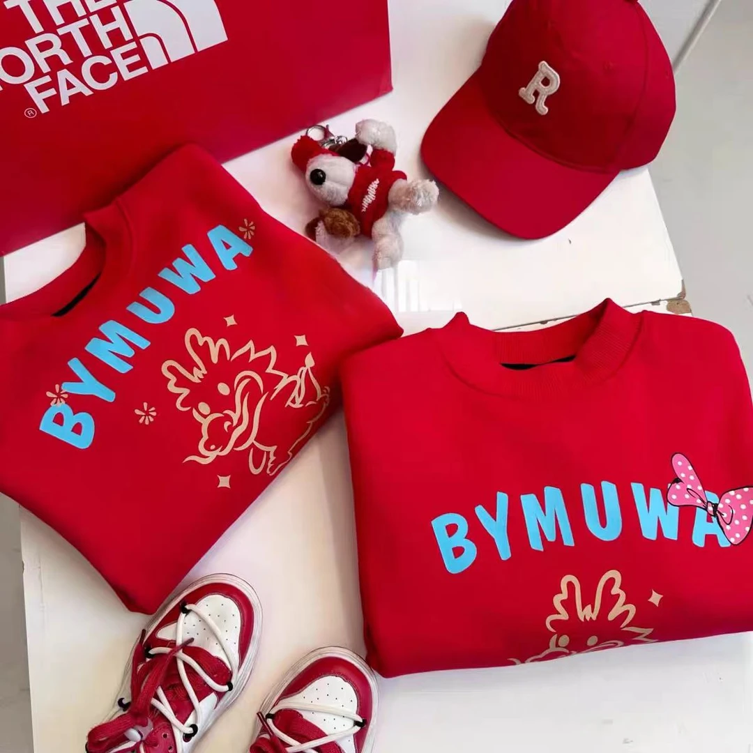 木瓜汁 【萌龙兄妹】一体加厚加绒红色男女童卡通加绒套头衫年货款