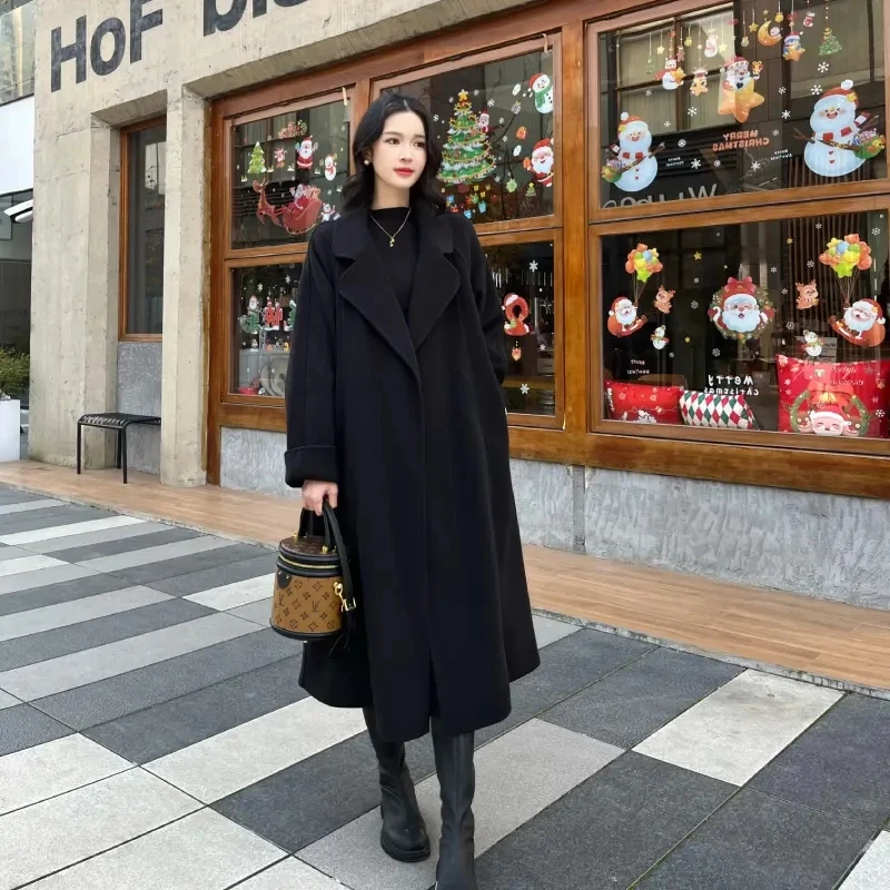 【3】秋冬新款双面绒大衣女加厚中长款毛呢外套保暖宽松西装领系带