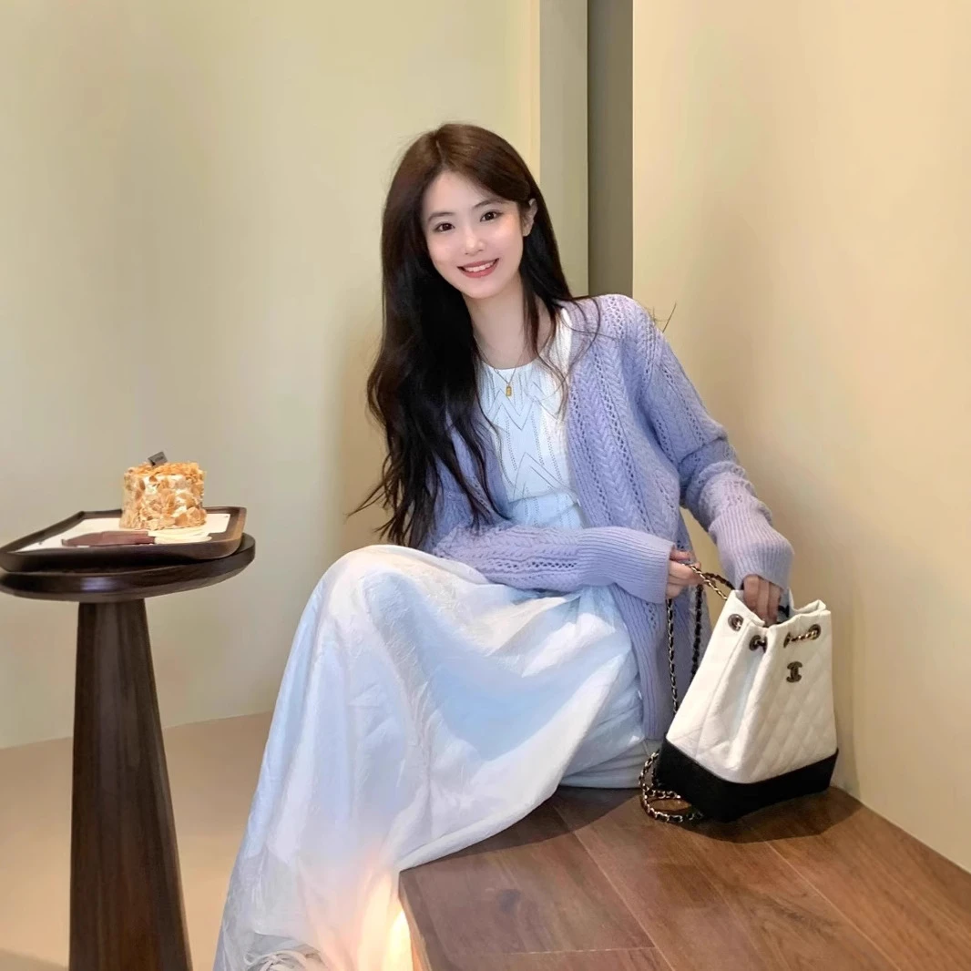 紫色镂空毛衣薄款外套女2025春秋温柔风开衫气质马海毛针织衫上衣