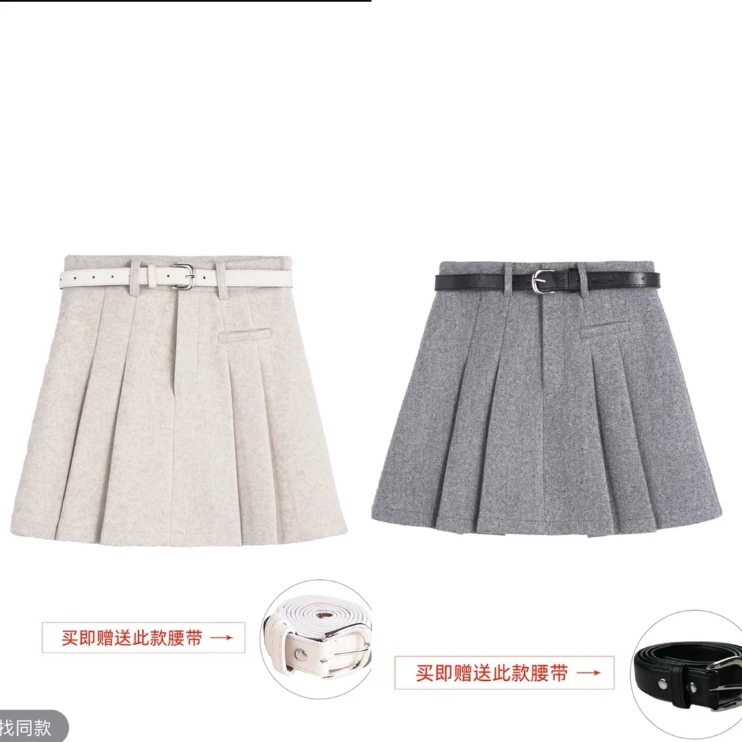 百搭高腰呢子百褶裙送腰带【12845】