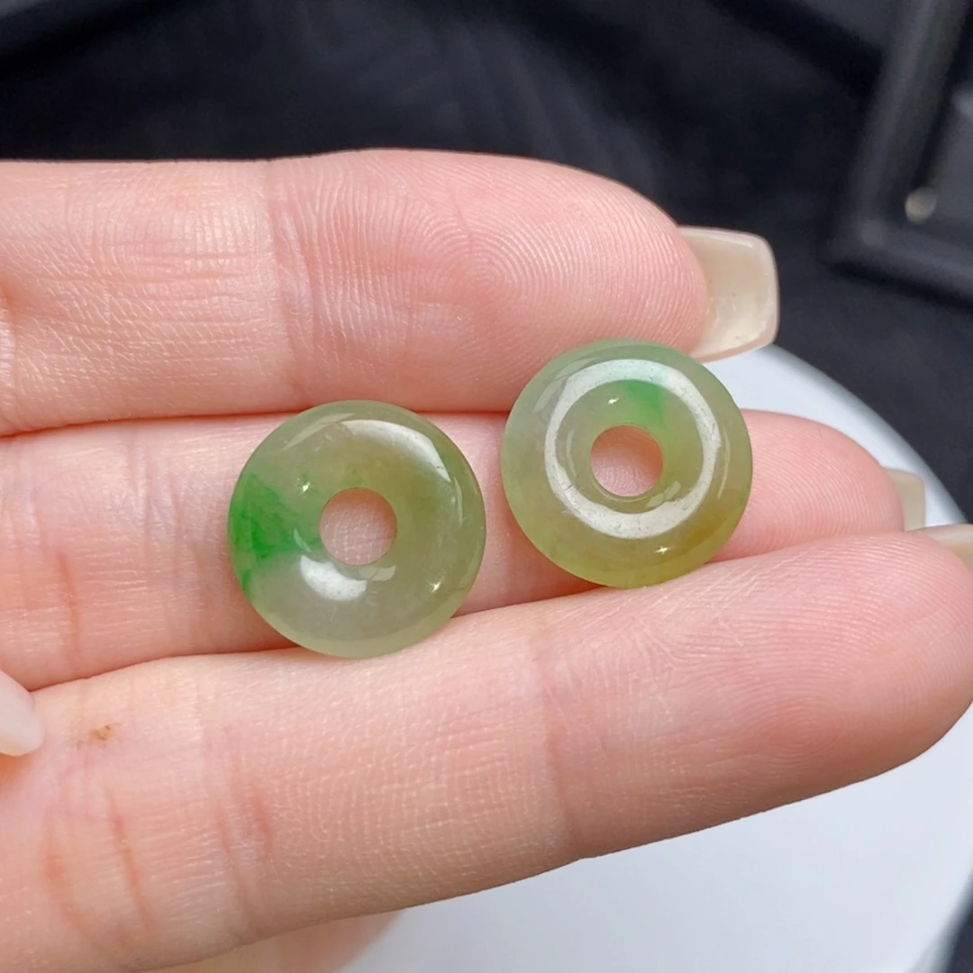翡翠未镶嵌耳饰黄加绿甜甜圈