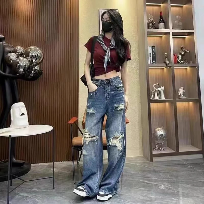 夏季薄款破洞牛仔裤女2025新款高腰复古时尚气质宽松显瘦阔腿裤子