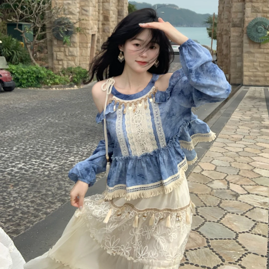 Blovelan诗月泱 波西米亚风流苏扎染露肩上衣半裙套装