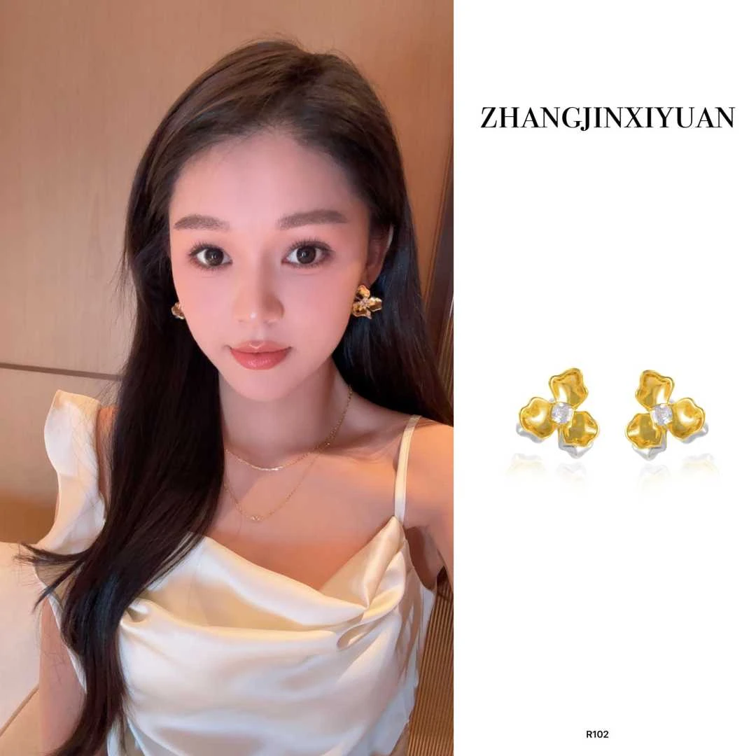 925银耳饰 ZJ XIYUAN镀k金 925银针【金银撞色的繁花】撞色耳钉R102