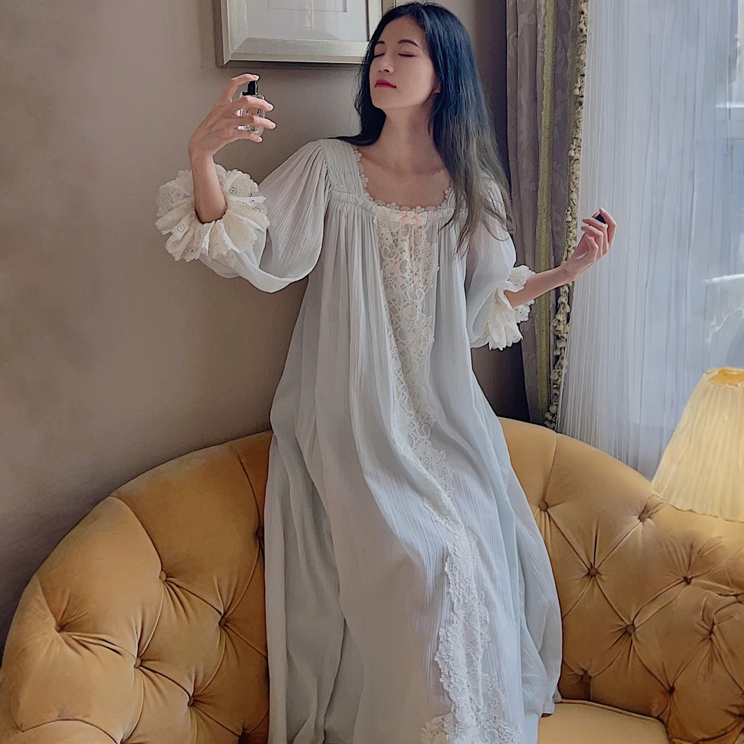 巴韦那奇法式浪漫宫廷风仙女长袖女士睡裙长款纯棉甜美公主风睡衣