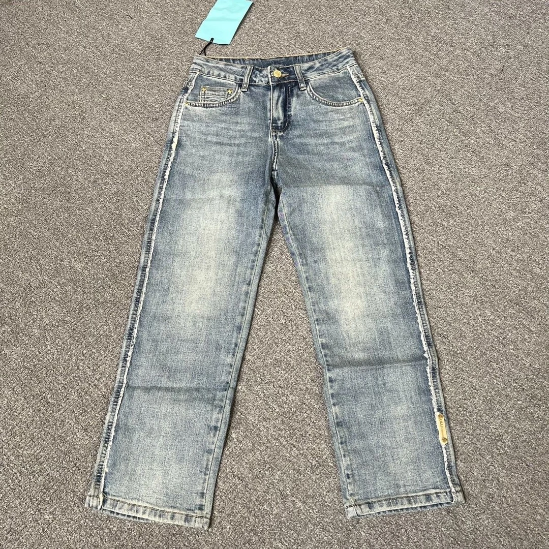 8116撤柜秋季2025毛边牛仔裤百搭蓝色休闲设计宽松直筒裤子