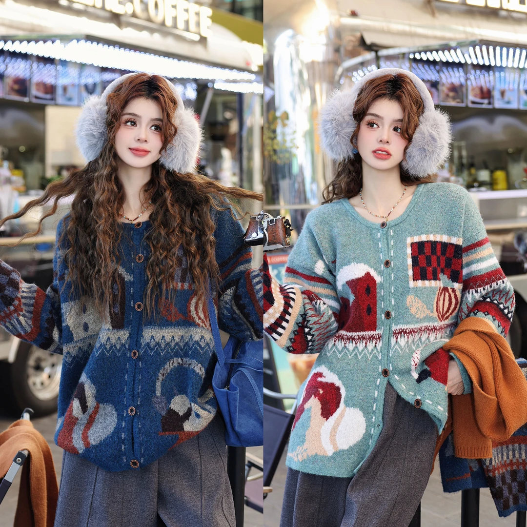 陈大器【夜航日记】港风复古拼接新款慵懒毛衣厚款针织衫JC1989592