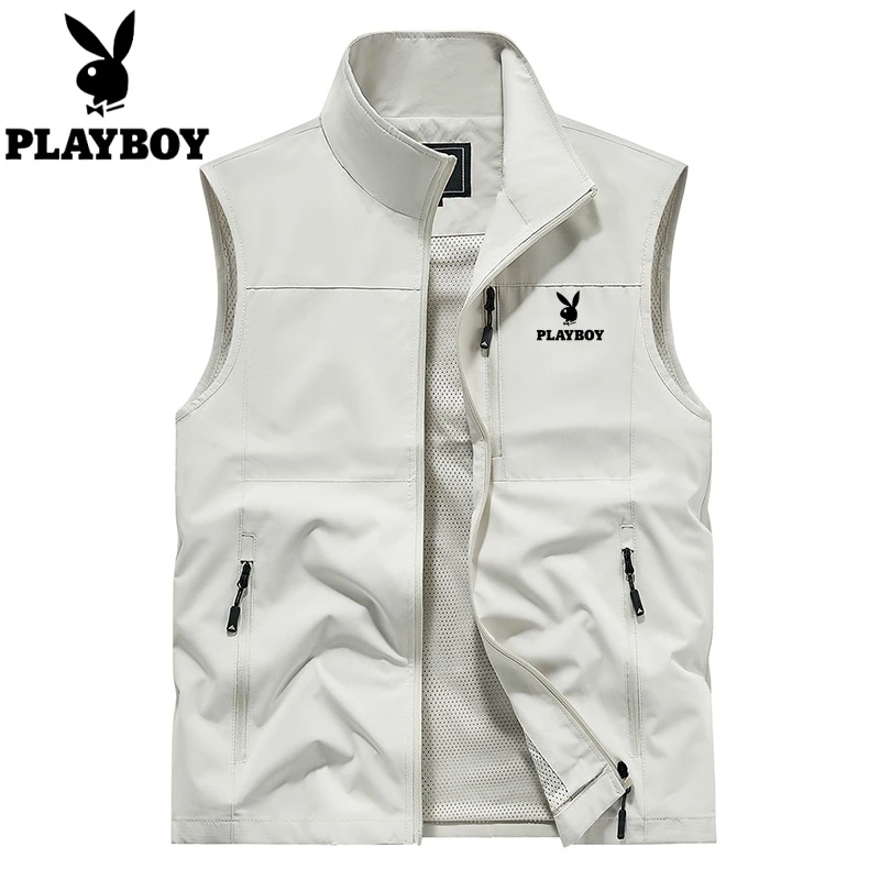 PLAYBOY/花花公子男士马甲背心爸爸装立领坎肩户外春夏季钓鱼服男