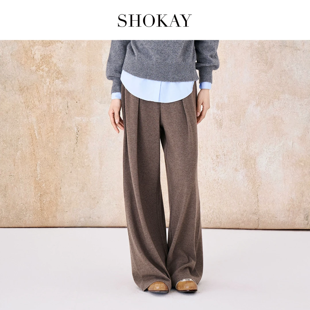 SHOKAY【市野织间】25秋冬新品100%绵羊毛打褶垂坠阔腿松紧腰长裤