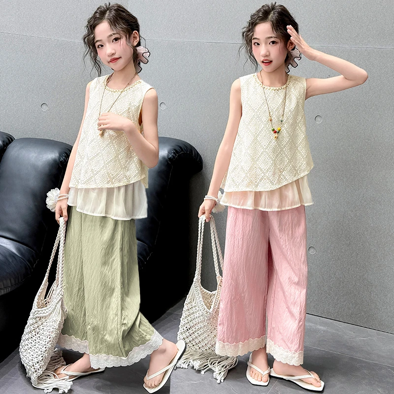 女童无袖套装夏季2025新款女孩大童波西米亚夏装儿童阔腿裤两件套