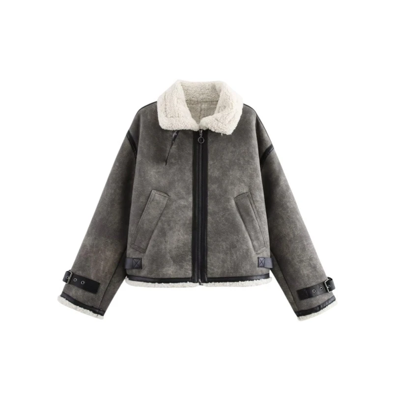 欧美风绊带饰翻领皮毛一体长袖夹克外套秋冬新品宽松机车款上衣女