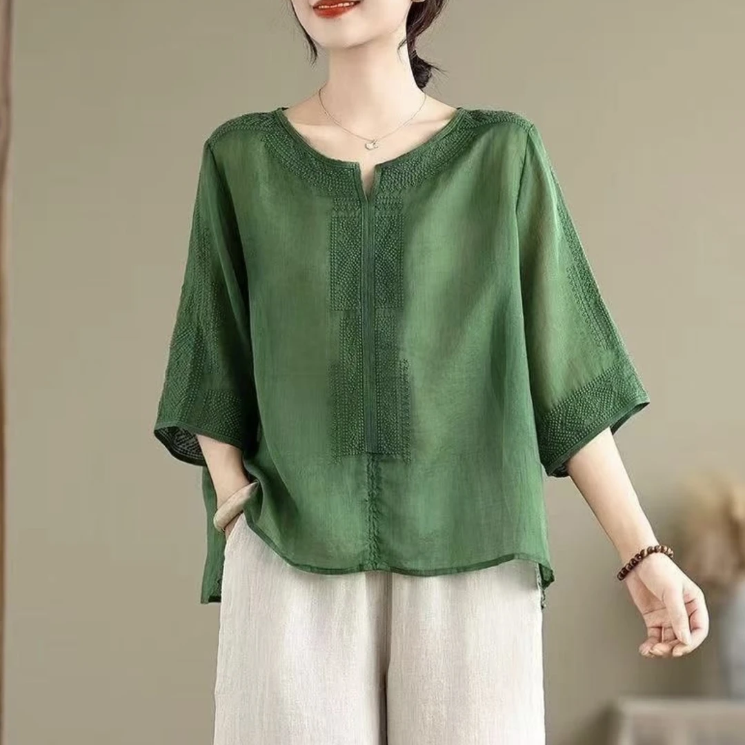 2025夏季新款时尚妈妈宽松显瘦民族风女上衣显瘦五分袖T恤女