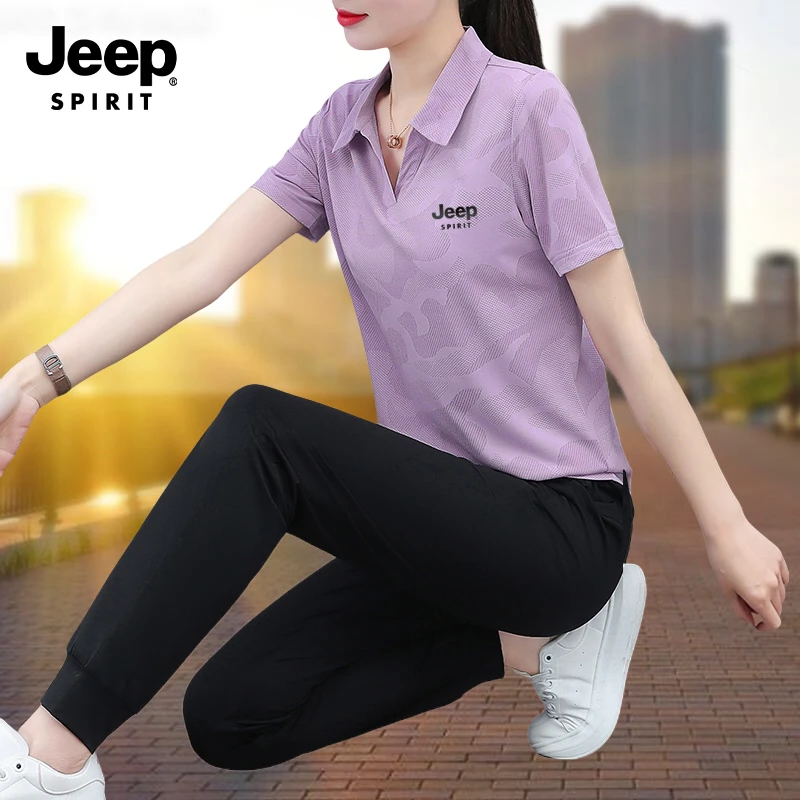 JEEP冰丝运动套装女夏季2025年新款薄款polo领短袖长裤跑步两件套