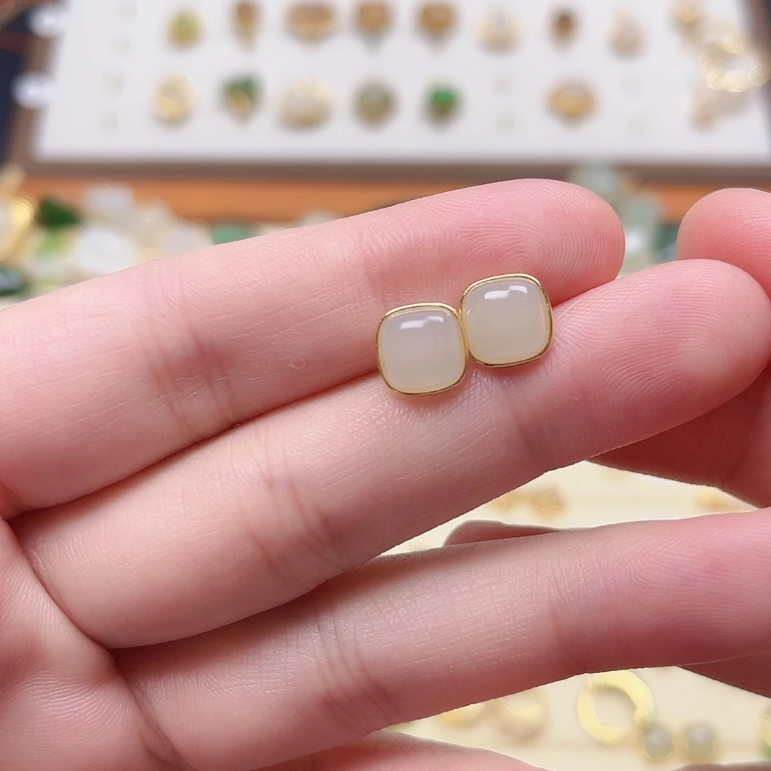 和田玉银S925镶嵌耳饰