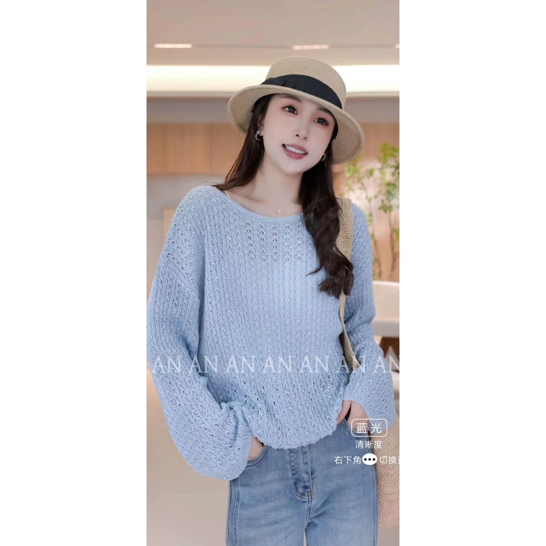 C02172新款小众随性慵懒纯色小亮片镂空长袖针织衫上衣