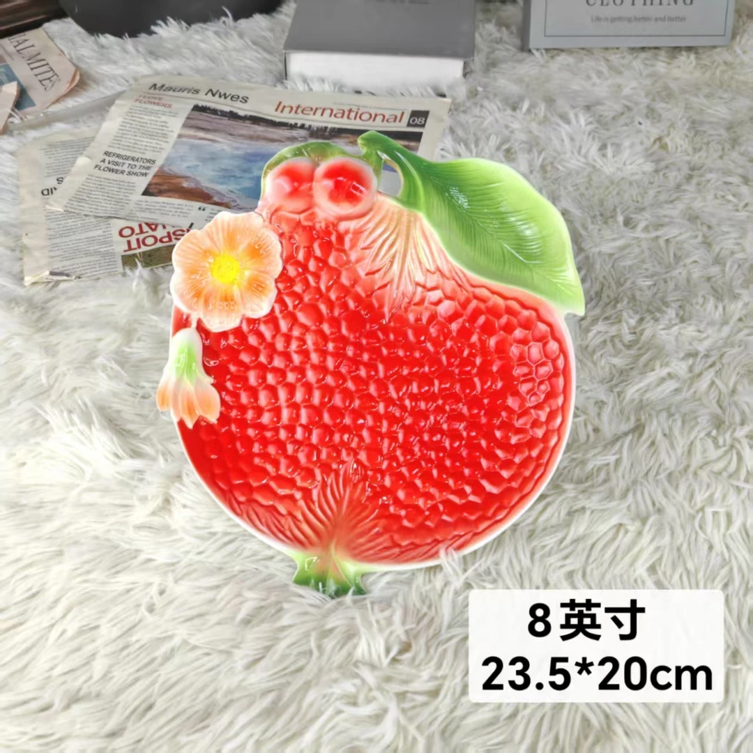 【玲珑专属】新中式陶瓷珐琅瓷手工手绘釉下彩石榴红色饺子盘