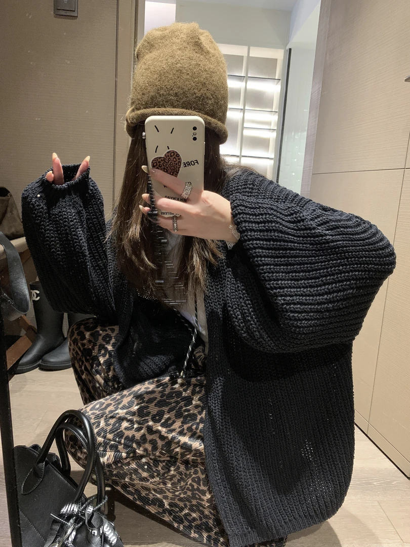 入秋百搭灯笼袖无扣设计粗针带子纱针织开衫2025新品通勤毛衣外套