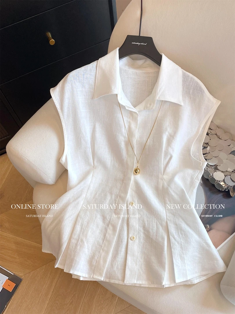 白色气质POLO领压褶无袖衬衫女2025夏季新款时尚休闲百搭显瘦上衣