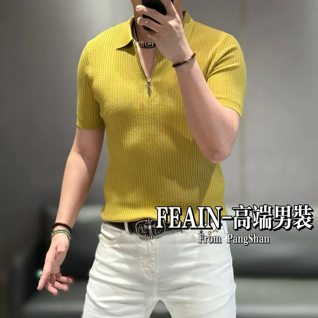 高端男士定制伊力特丝半拉链设计净色竖条纹Polo6506