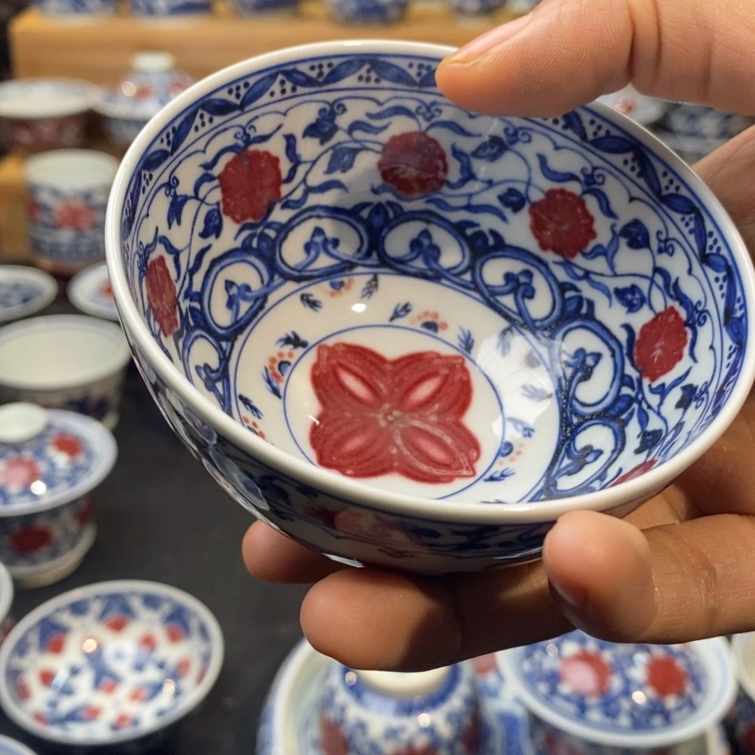 内外满绘鸡心杯手绘原矿