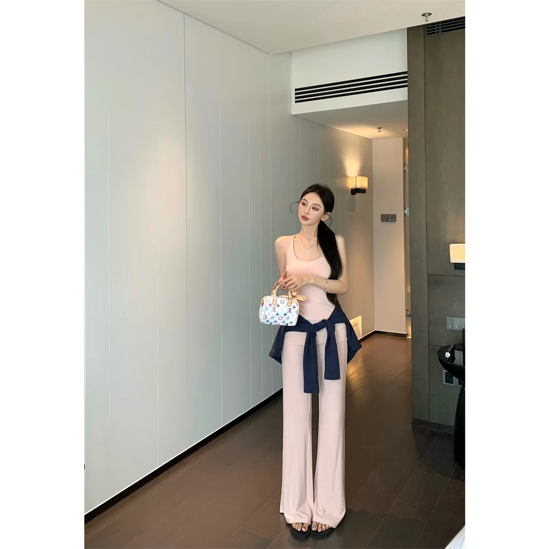 垂垂裤翻折腰头多色微喇叭休闲显瘦长裤背心套装气质#758