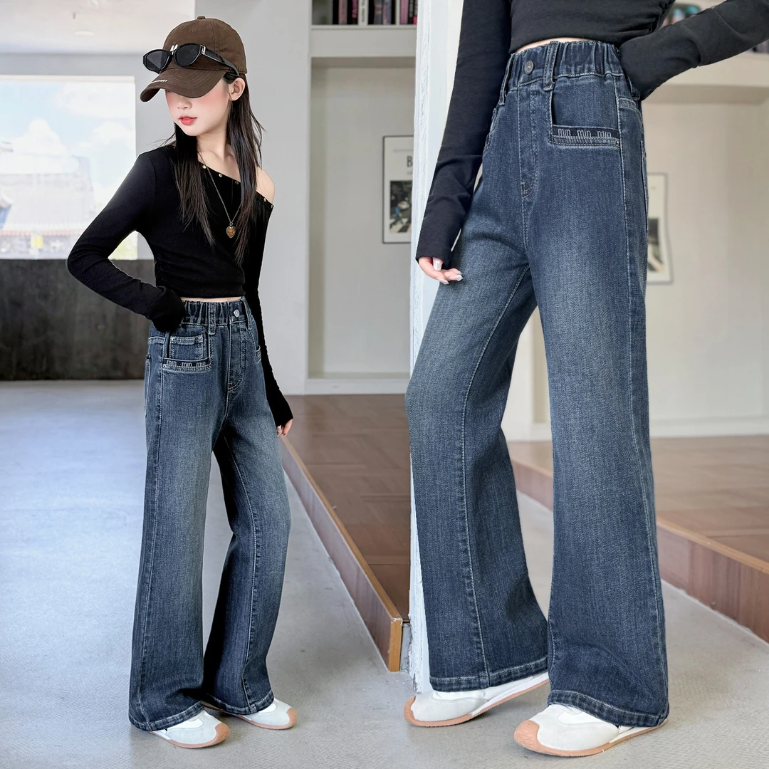 女童秋冬牛仔裤2025新款大童显瘦直筒裤6-12岁加绒百搭弹力高腰裤