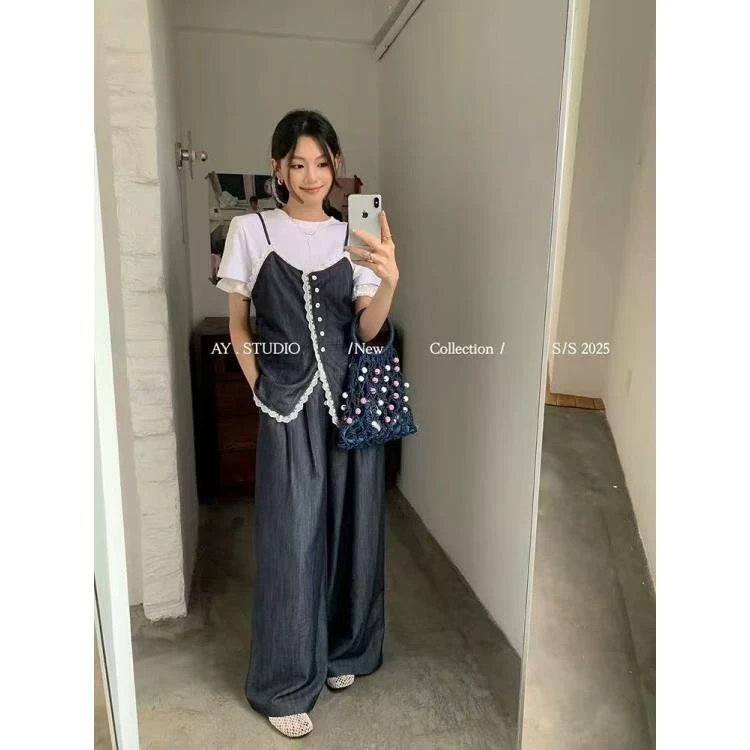 新款韩版撞色花边吊带背心净版T恤高腰阔腿牛仔裤三件套女