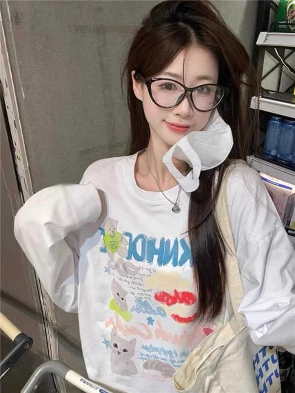 【100%棉】春秋长袖秋衣休闲透气上衣男女圆领印花T恤