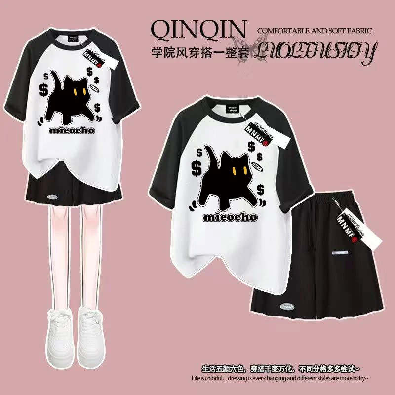 女童纯棉插肩短袖短裤套装夏季新款猫咪洋气韩版中大童裤子两件套