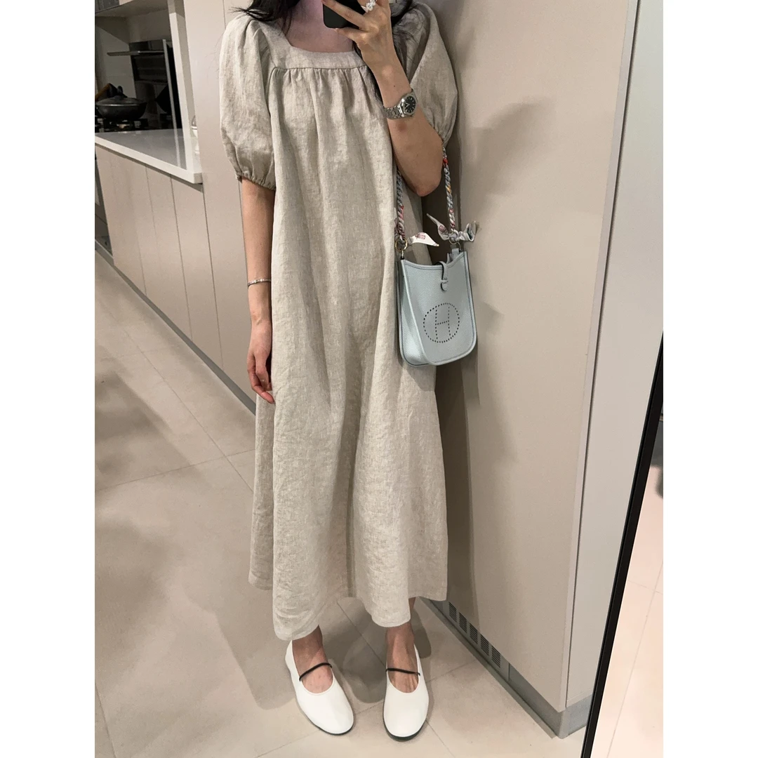 ［IAMMEIYA］-大骨架穿搭花馨 100%亚麻方领连衣裙25093