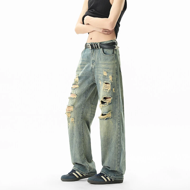 美式cleanfit痞帅破洞牛仔裤男款夏季休闲男生高街青少年微喇裤子