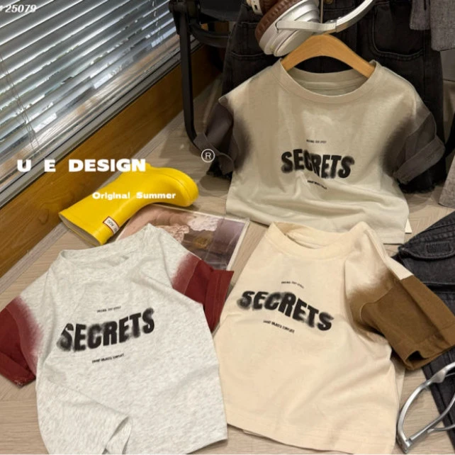 Q25。25079橘子夏季男女童圆领韩版纯棉百搭印花T恤