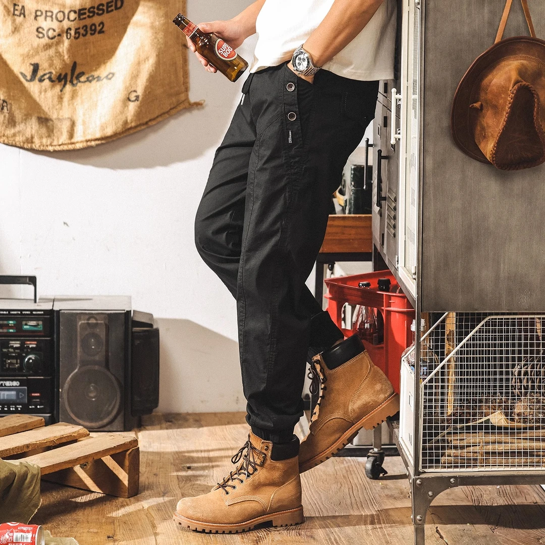 秋冬拼接男士潮牌黑色休闲裤男百搭新款宽松束脚长裤美式工装裤子