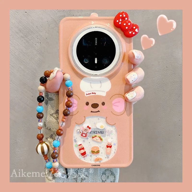 适用华为mate70pro+手机壳美食厨师小豆mate60pro+立体蝴蝶结链条
