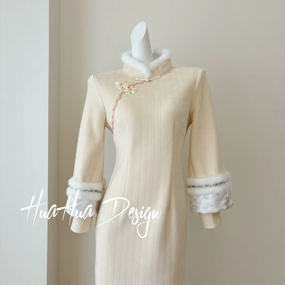 【花自来】重工加绒加厚冬款紫色长袖旗袍中国风修身显身材日常