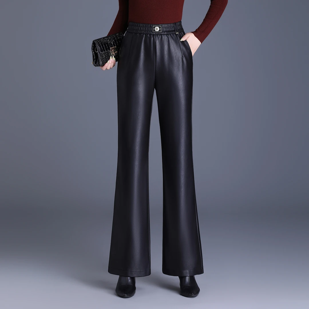 超好看的皮裤休闲裤微喇裤女冬新款口袋休闲裤纯色长裤大码喇叭裤