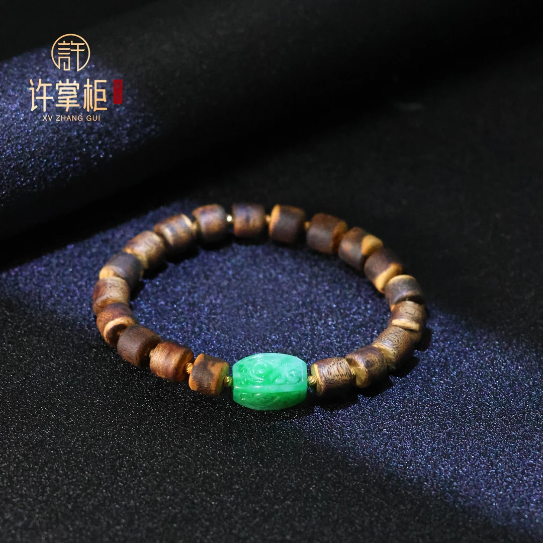 许掌柜｜18K金翡翠手链天然缅甸翡翠A货国潮风菱形雕刻DIY桶珠配饰