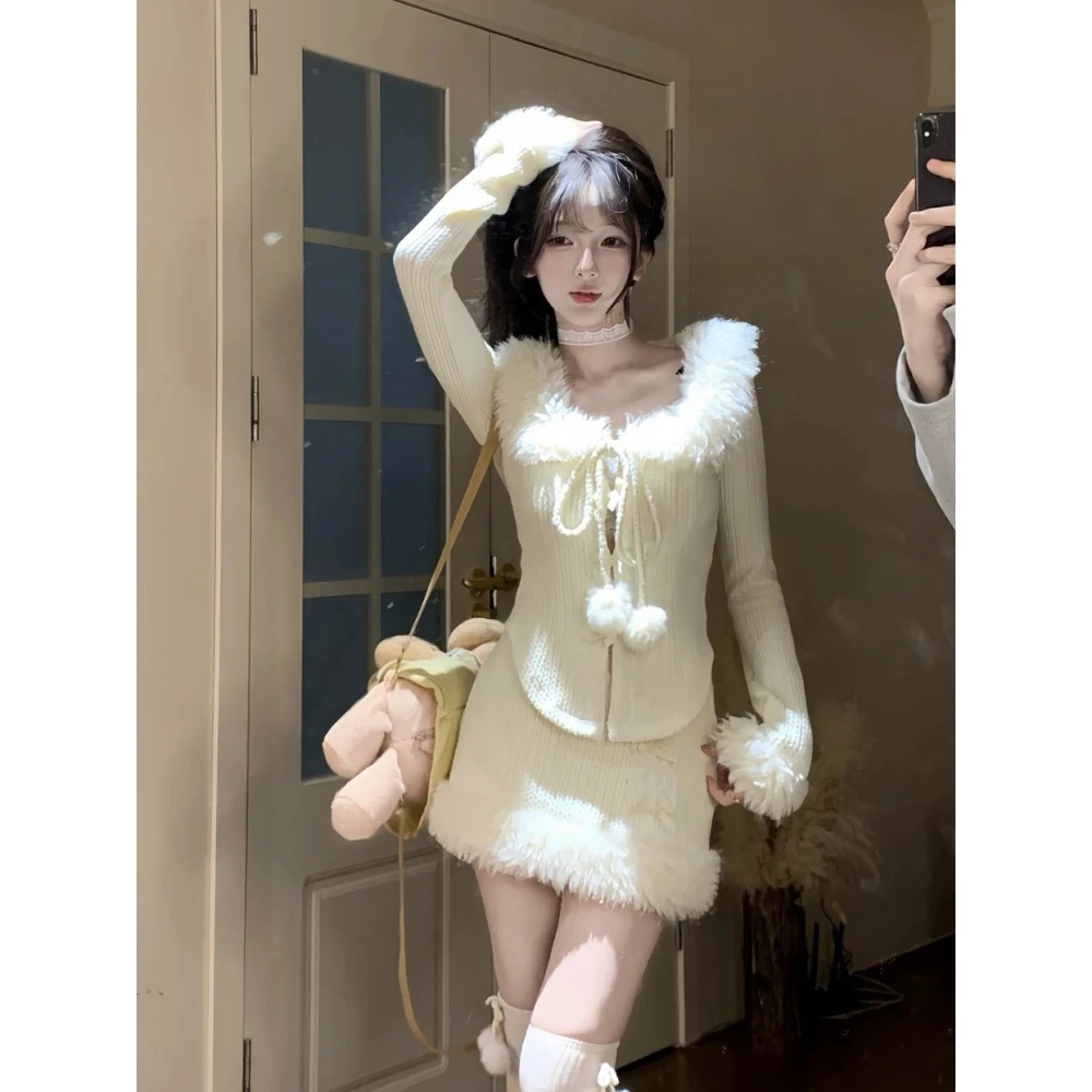 纯欲风气质甜美套装春秋新款修身显瘦毛毛拼接+半身短裙两件套女