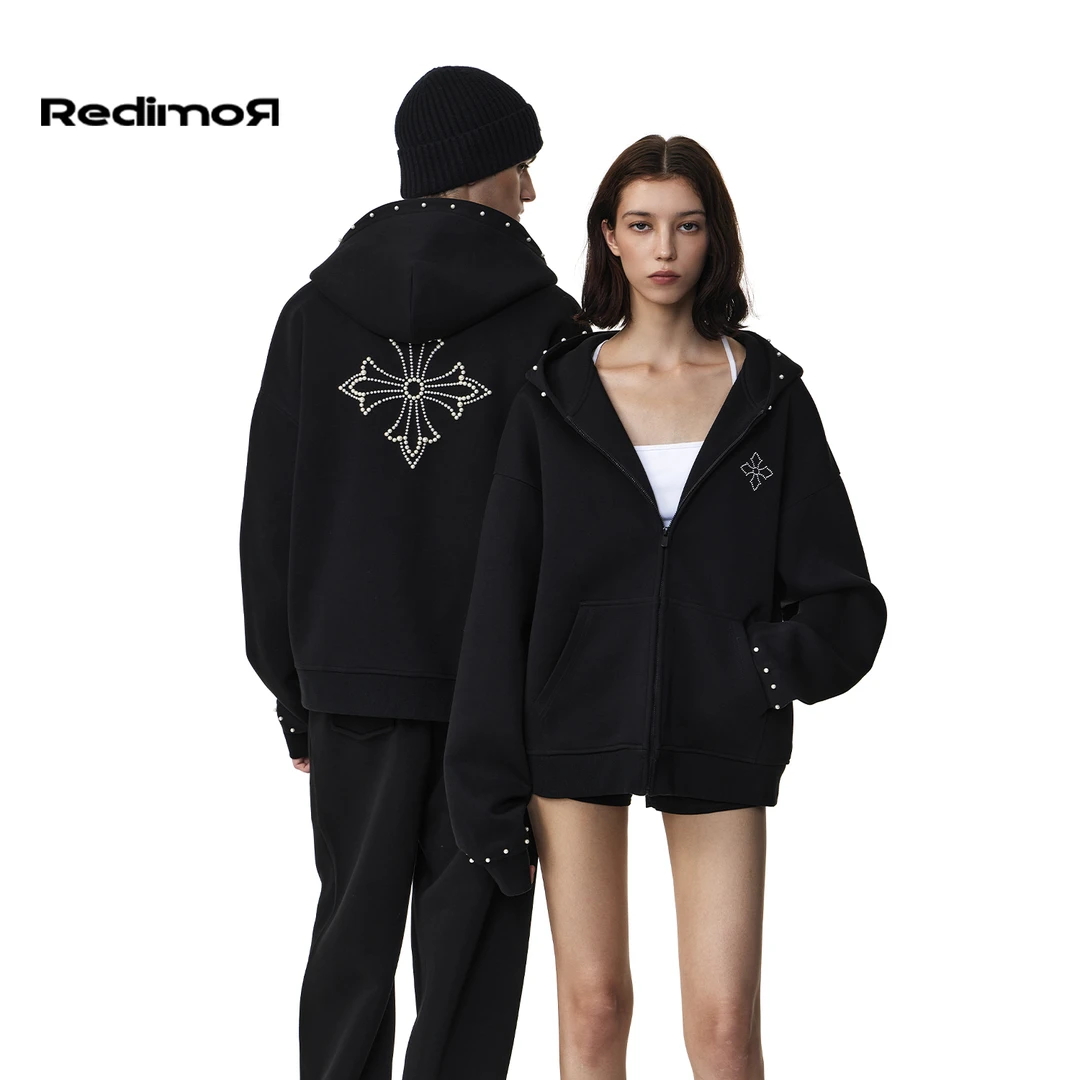 REDIMOR重磅连帽卫衣男女情侣秋季钉珠美式宽松外套253RC1293