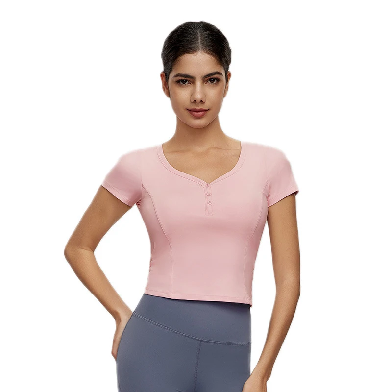 2025新款瑜伽服上衣感带胸垫短袖恤女公主线收腰显瘦健身服