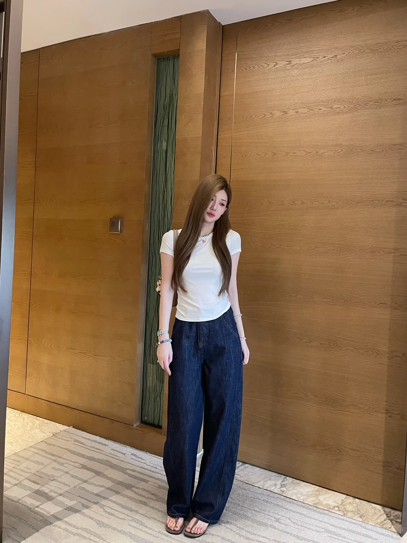 弯刀裤丹宁蓝直筒牛仔裤/夏季新款浅蓝薄款