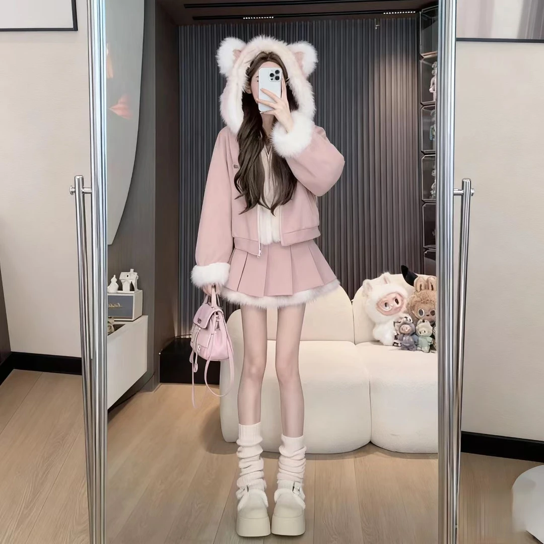 秋冬款气质甜美辣妹纯欲风连帽短款开衫加厚外套百褶裙减龄套装女