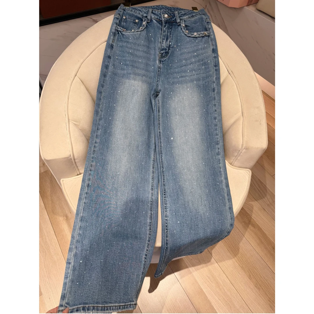 2025早春新款高温烫钻显瘦休闲百搭直筒牛仔裤