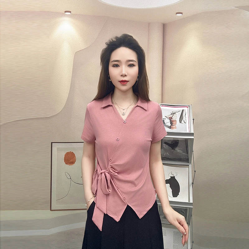 2025新款女装设计系带短袖别致夏季时尚洋气纯色上衣女减龄显瘦