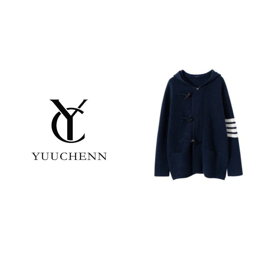 【YUUCHENN】元宝针拼色手工牛角扣羊绒拉链帽衫685
